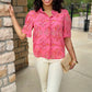 Pink Floral Button Up Short Sleeve Blouse