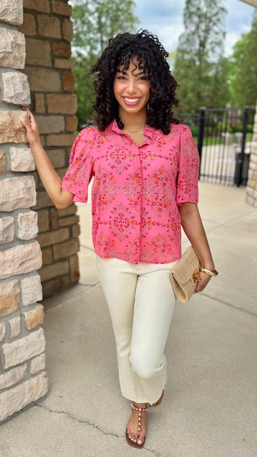 Pink Floral Button Up Short Sleeve Blouse