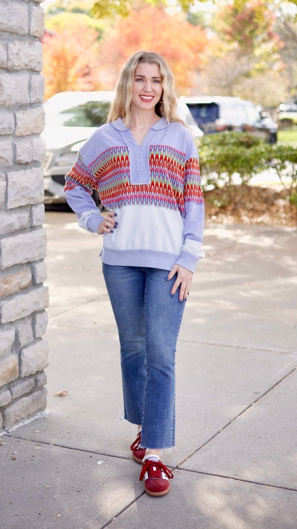 Crochet Mix Collared Sweater - Washed Blue