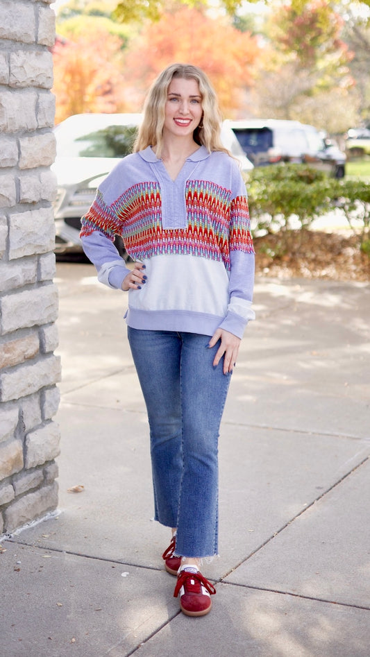 Crochet Mix Collared Sweater - Washed Blue