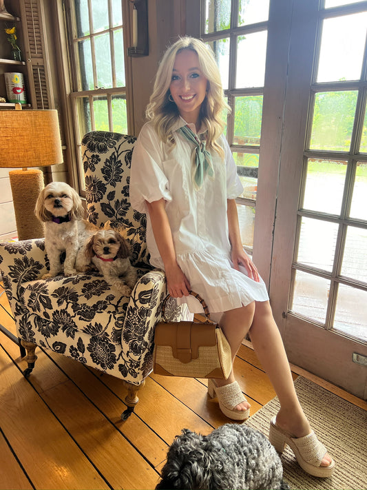 Double Pocket Bubble Sleeve Mini Dress - White