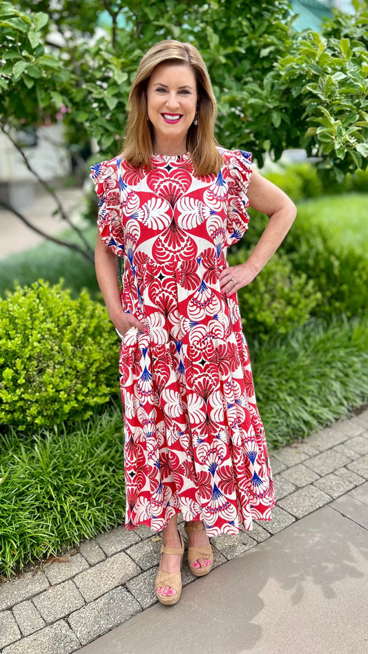 Abstract Print Midi Dress - Red Multi