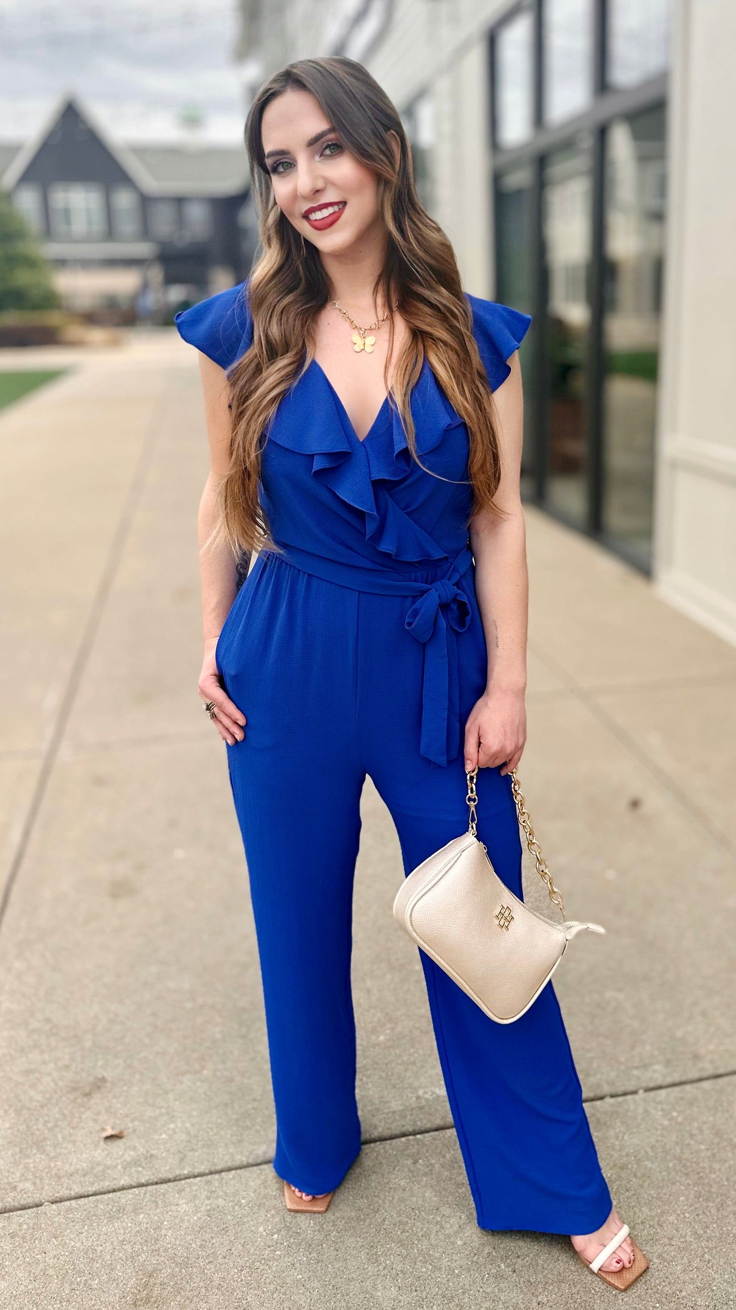 Maggy London Royal Ruffle Wrap Jumpsuit