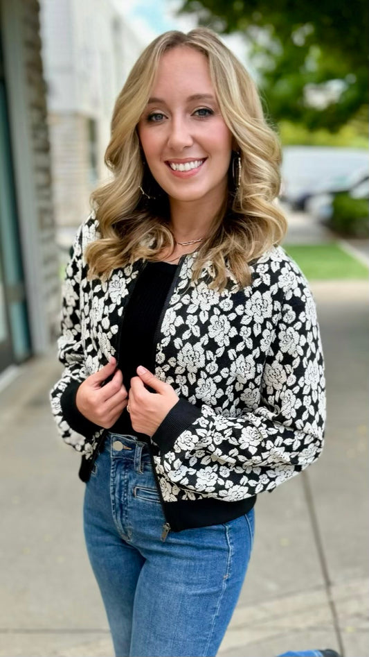 Embossed Rose Print Bomber Jacket