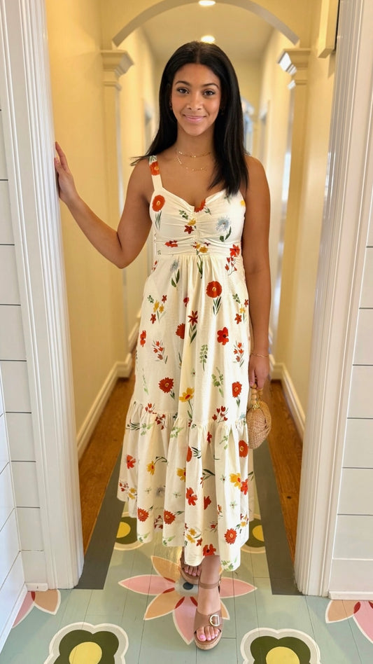 Marie Poppy Midi Dress - Ivory