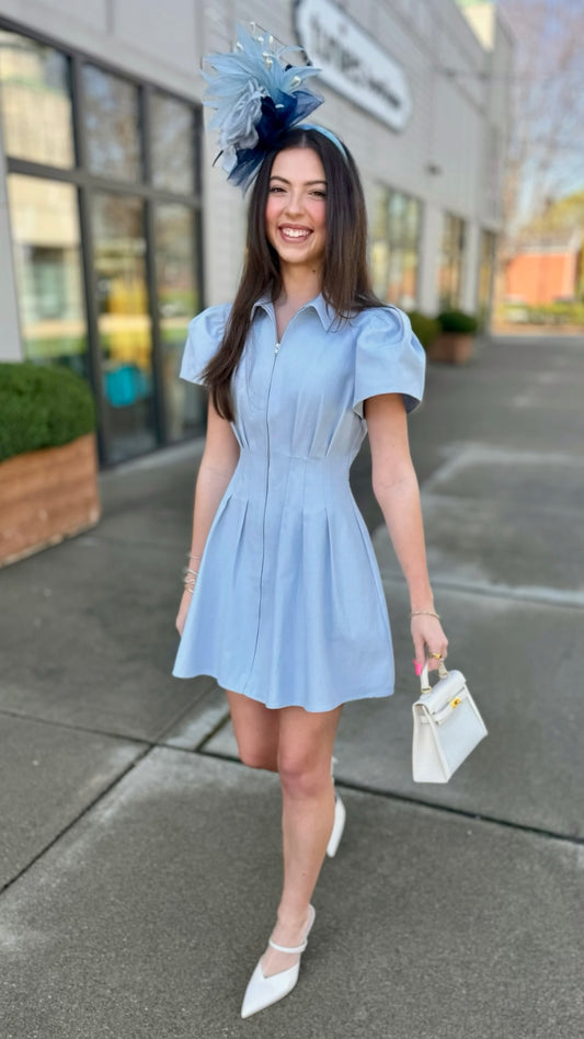Aubrey Denim Pleat Waist Zip Mini Dress - Blue