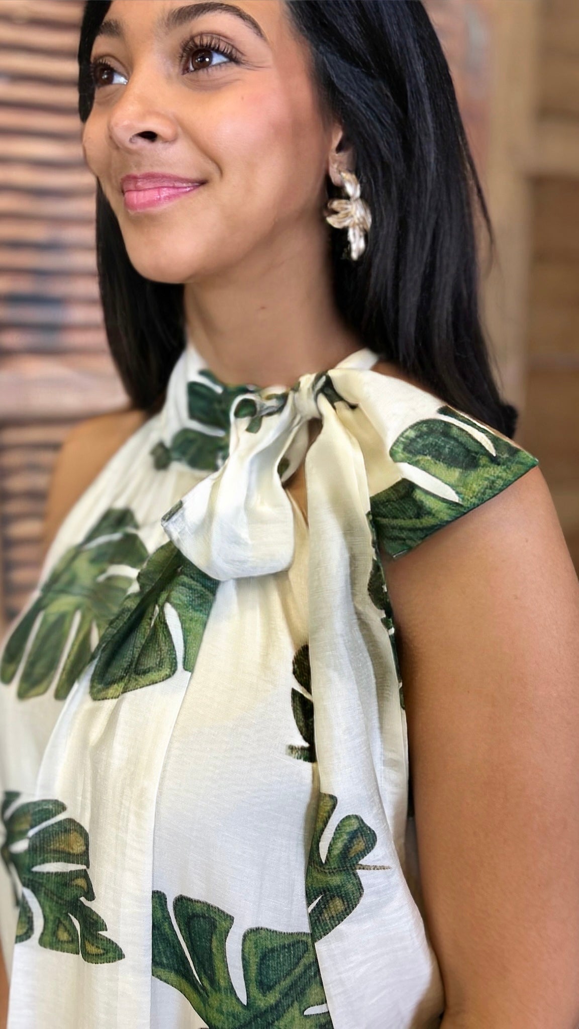 Fallon Palm Halter Dress - Cream