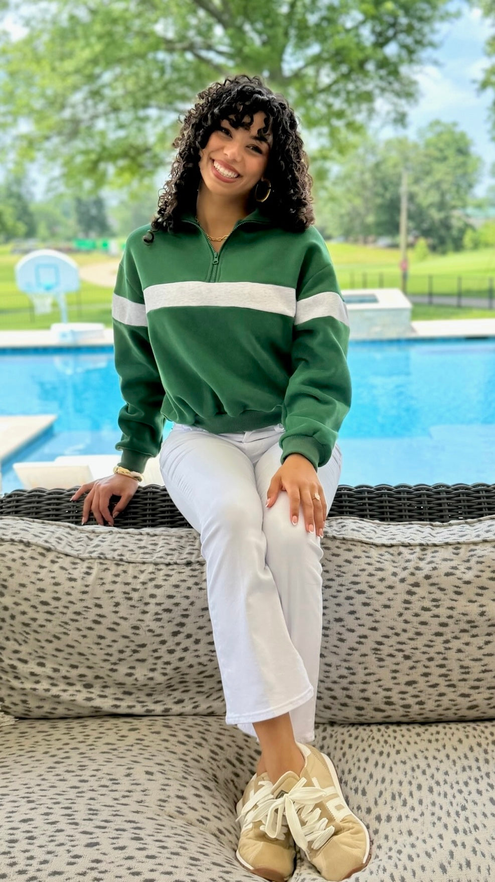 Piper Stripe Quarter Zip Sweatshirt - Green & Light Grey