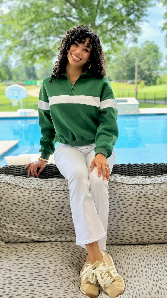 Piper Stripe Quarter Zip Sweatshirt - Green & Light Grey