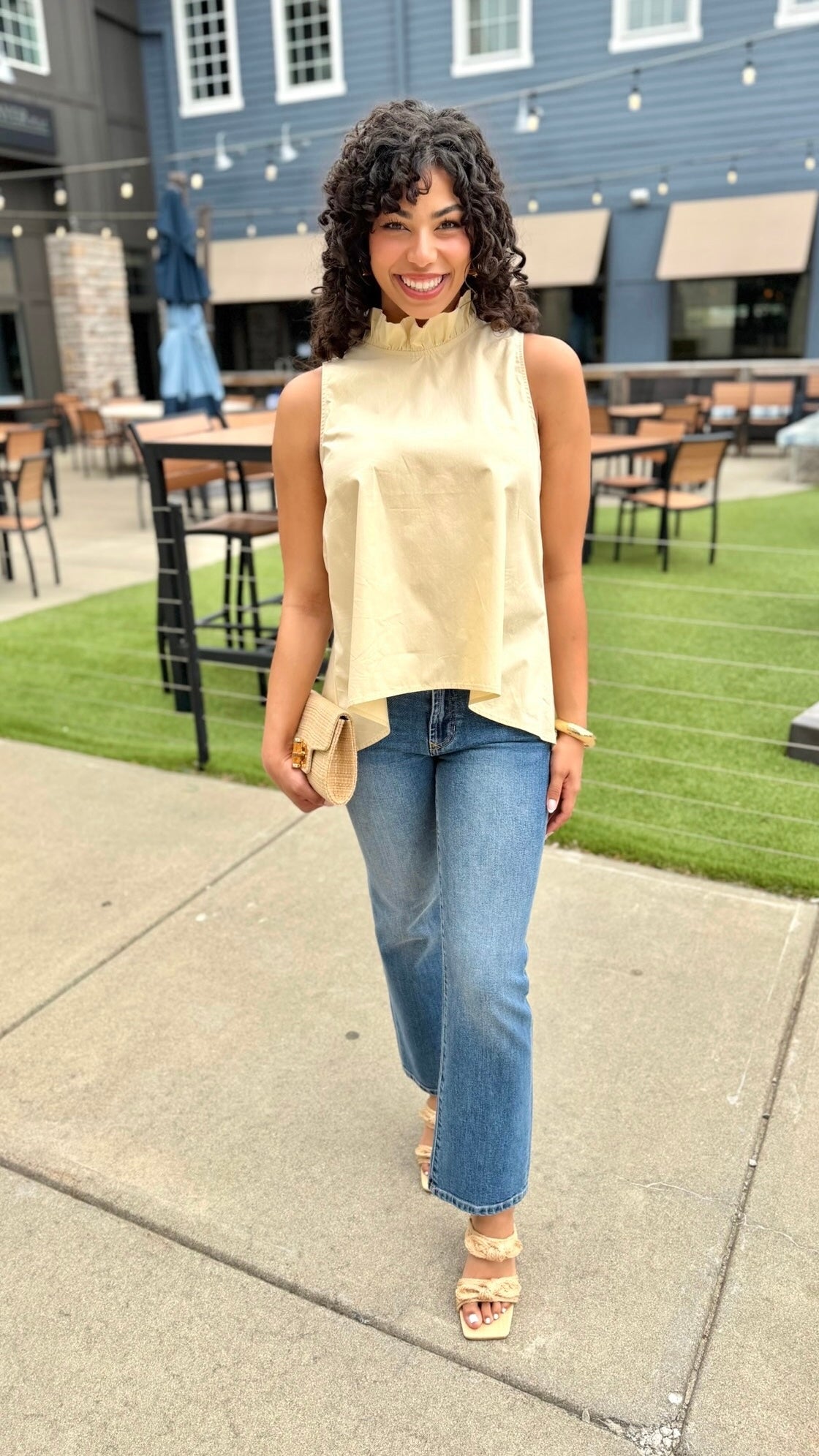 Ruffle Neck Tie Back Top - Latte