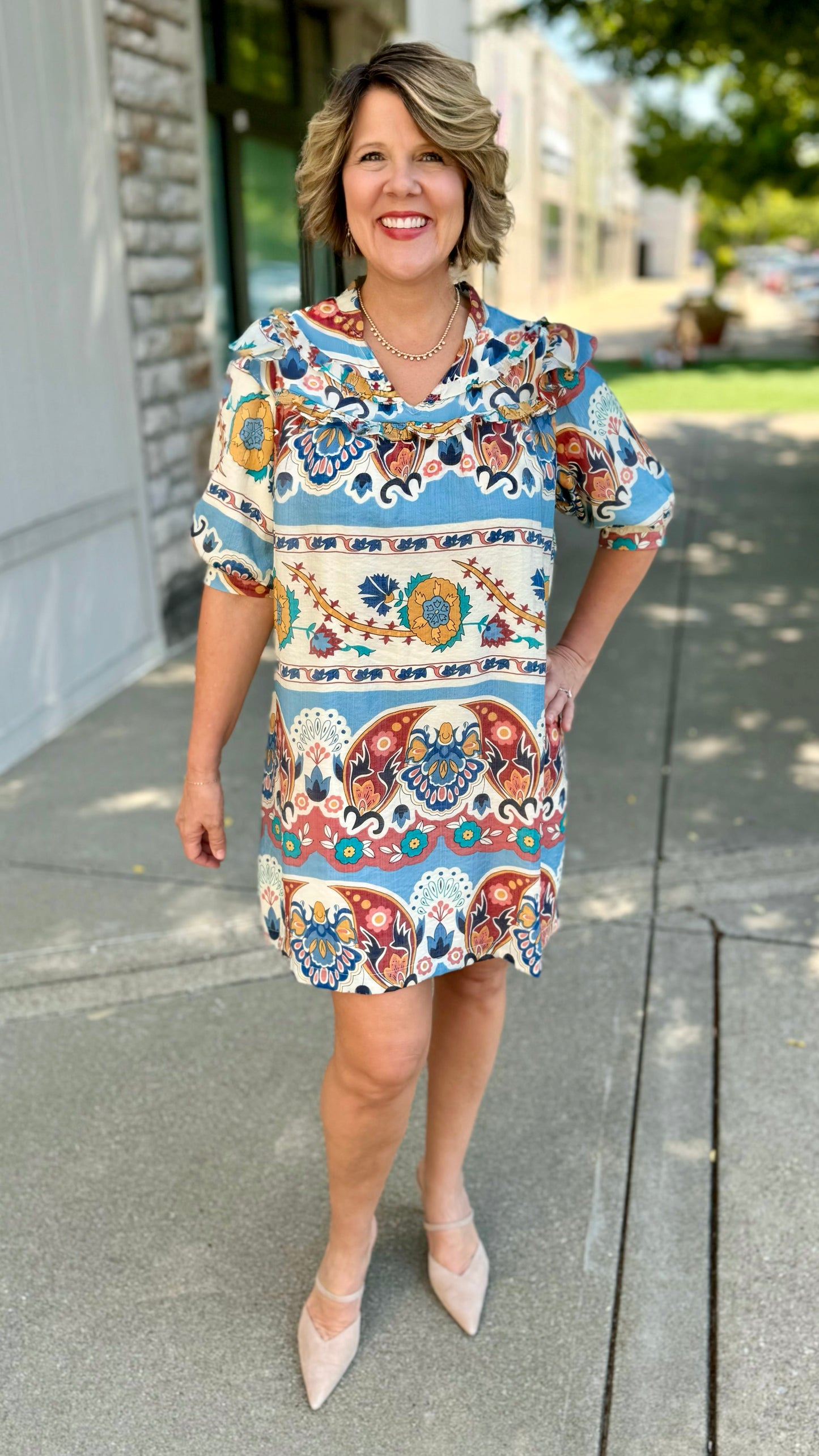 Harvest Blue Paisley Ruffle Neck Dress
