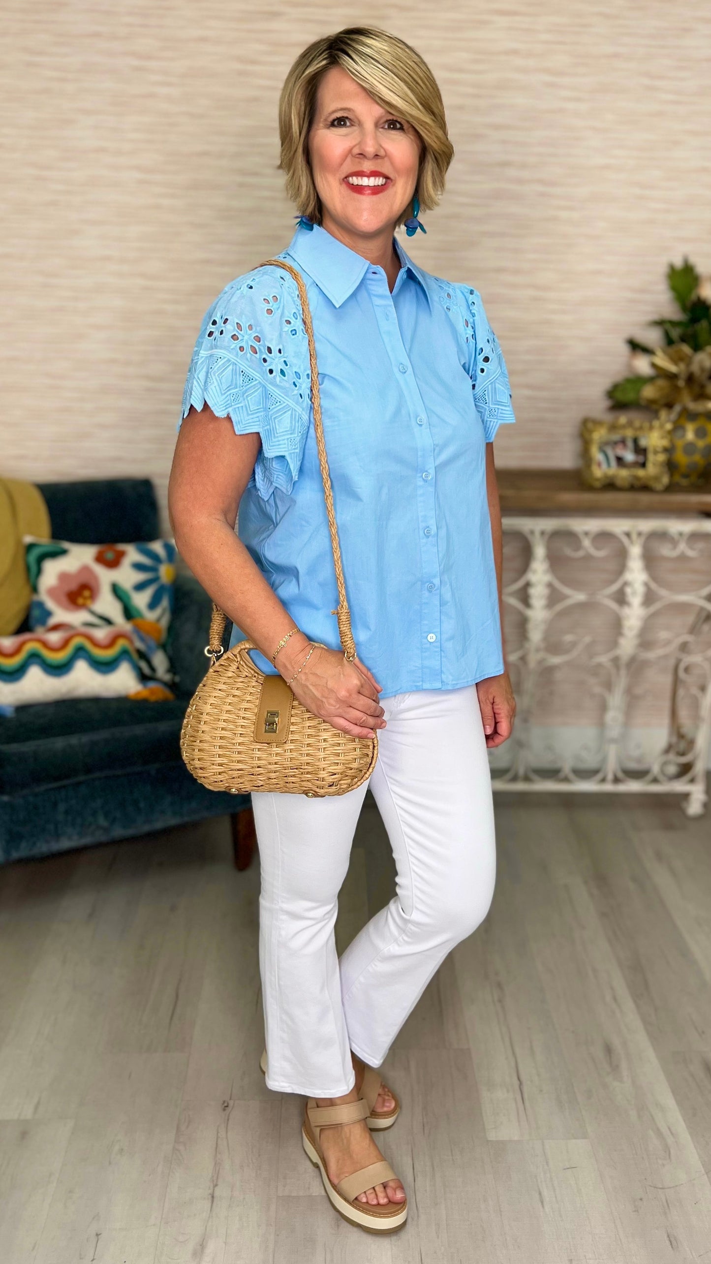 Sky Blue Eyelet Sleeve Button-Up