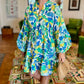Hibiscus Print Tie Cinch Waist Dress - Blue Mix