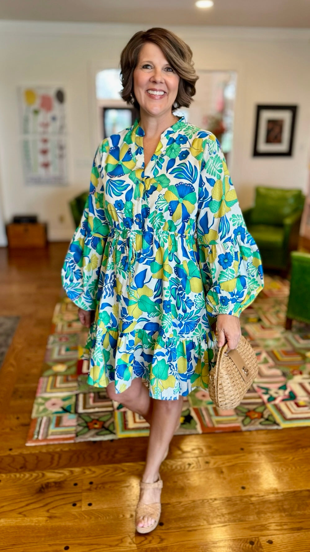 Hibiscus Print Tie Cinch Waist Dress - Blue Mix