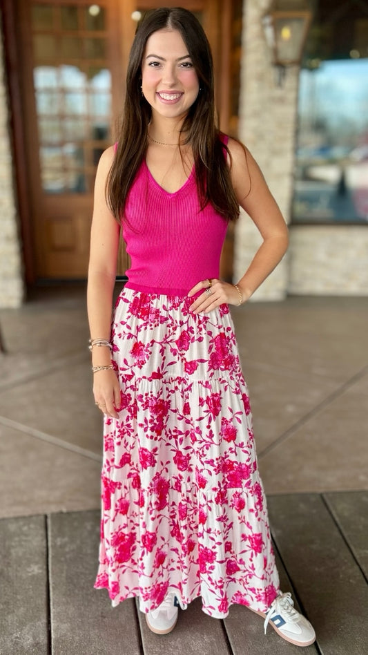 Floral Ikat Mixed Media Maxi Dress - Fuchsia