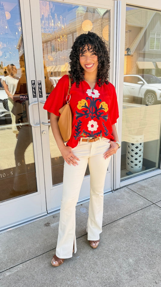 Lisa Floral Embroidered Top - Red