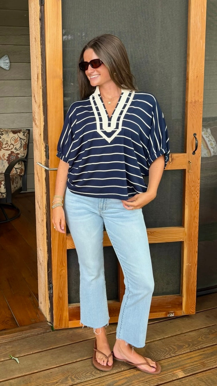 Jenni Striped Top - Navy & Ecru