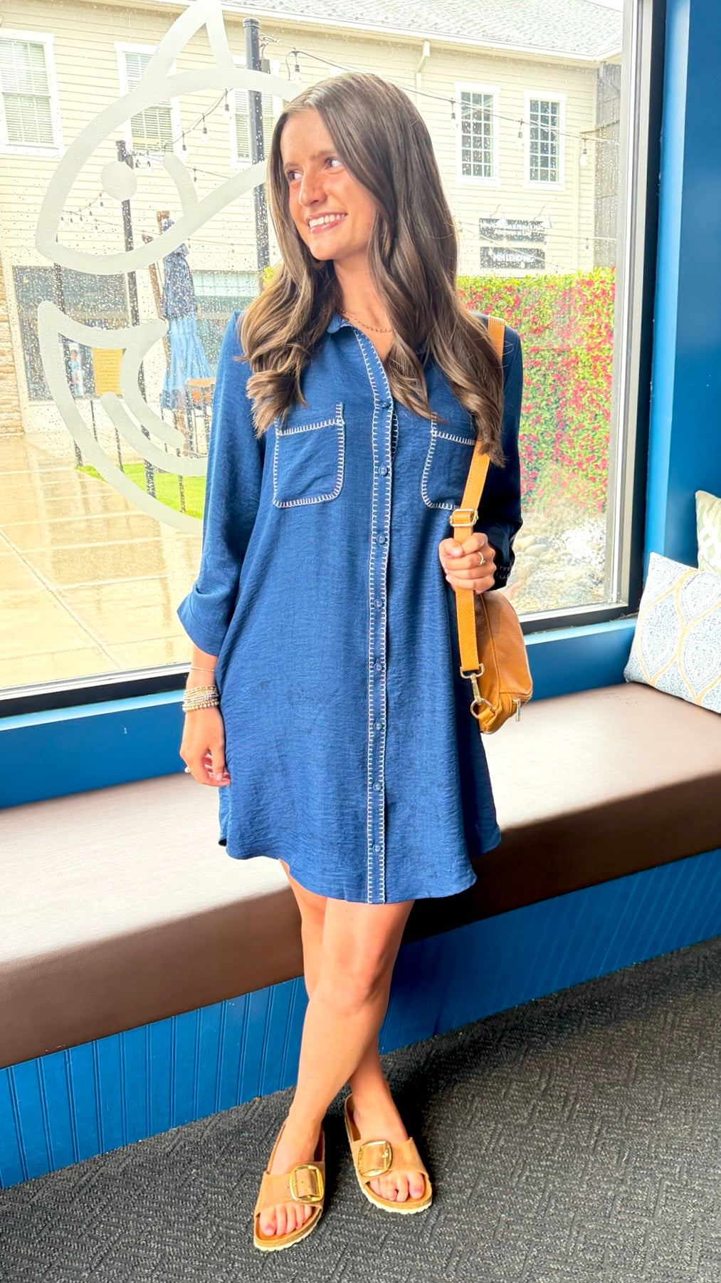 Evelynn Embroidered Button Down Dress - Navy