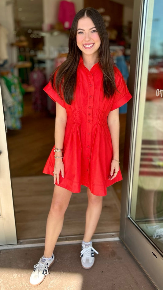 Red Pleat Waist Mini Dress
