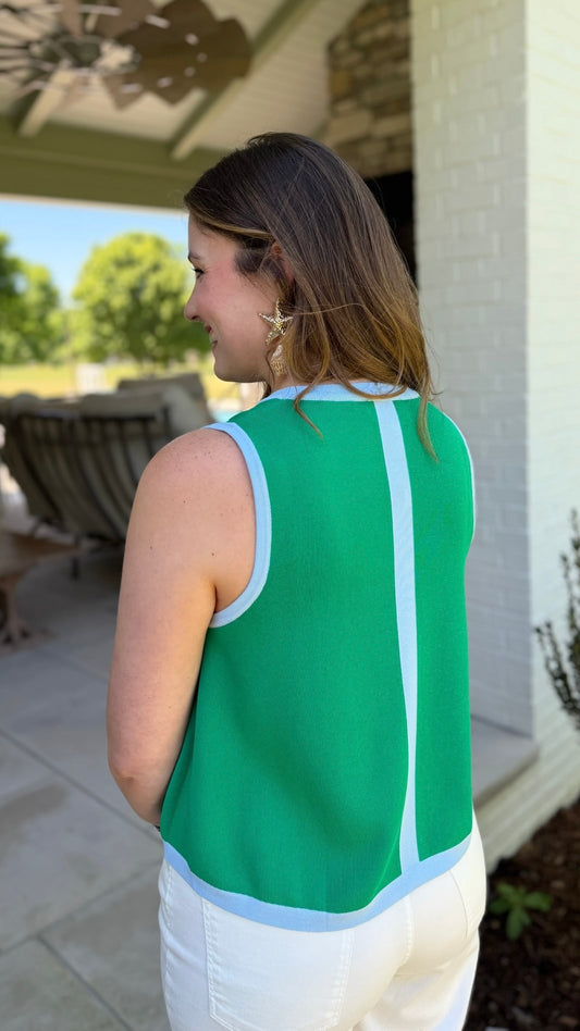 Natasha Sleeveless Top - Green with Blue Trim
