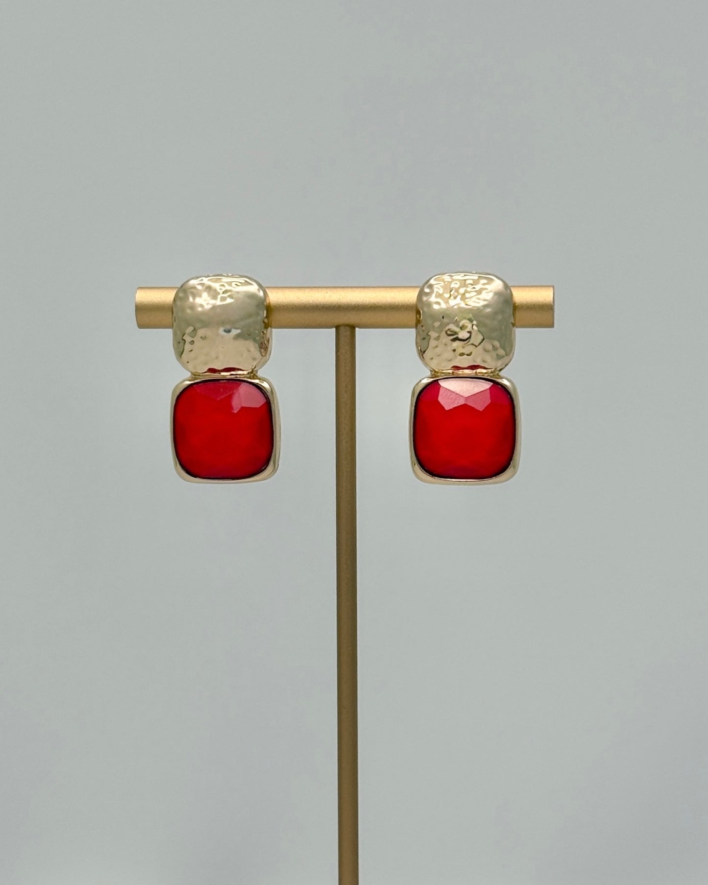 Bold Square Stone Earrings - Red