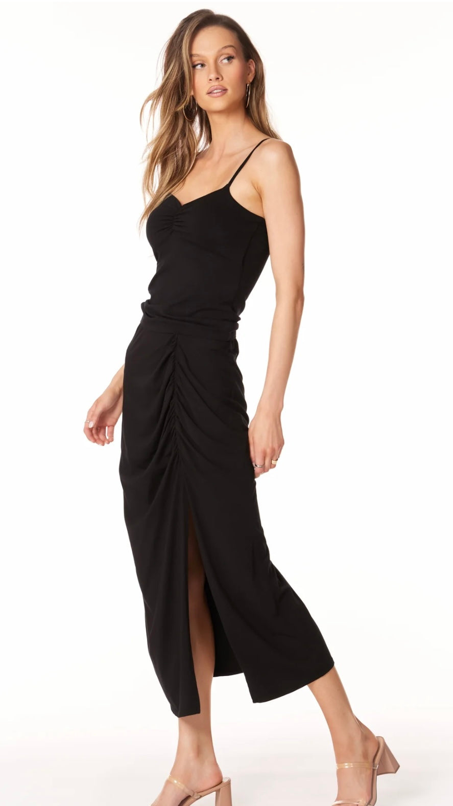 Bobi Shiloh Shirred High Slit Skirt - Black