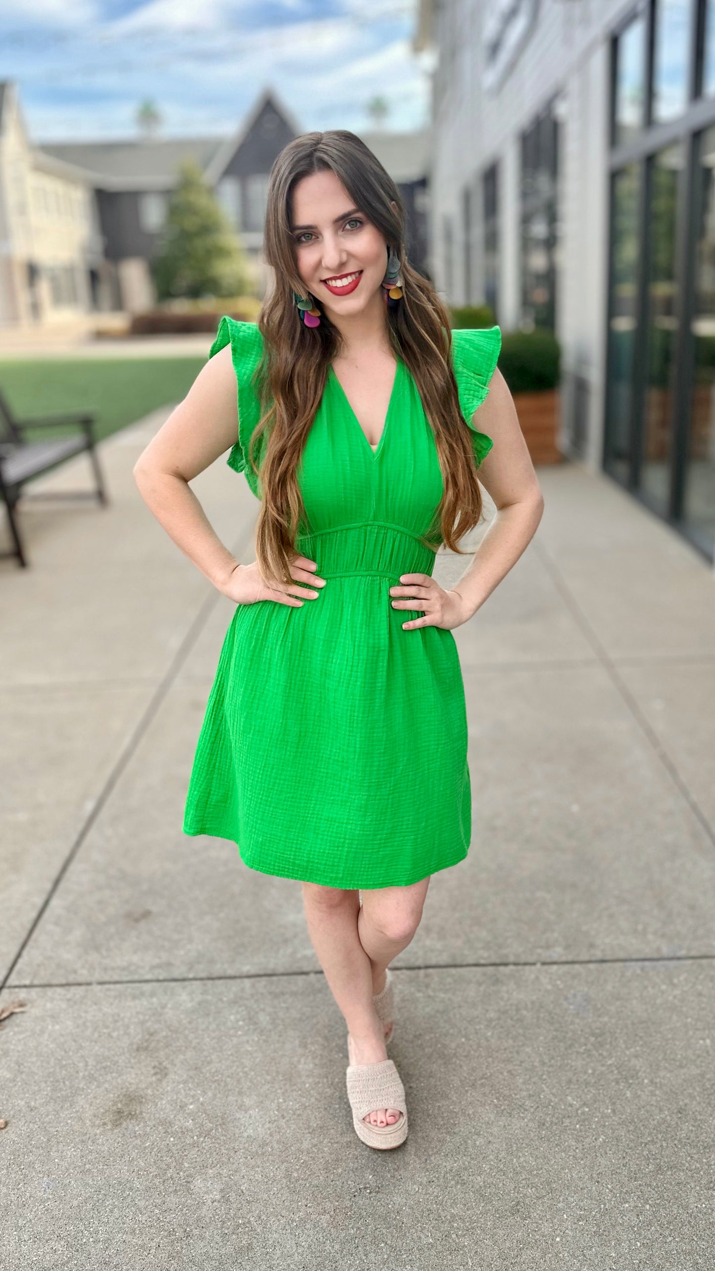 Dear John Martha Ruffle Sleeve Dress - Green