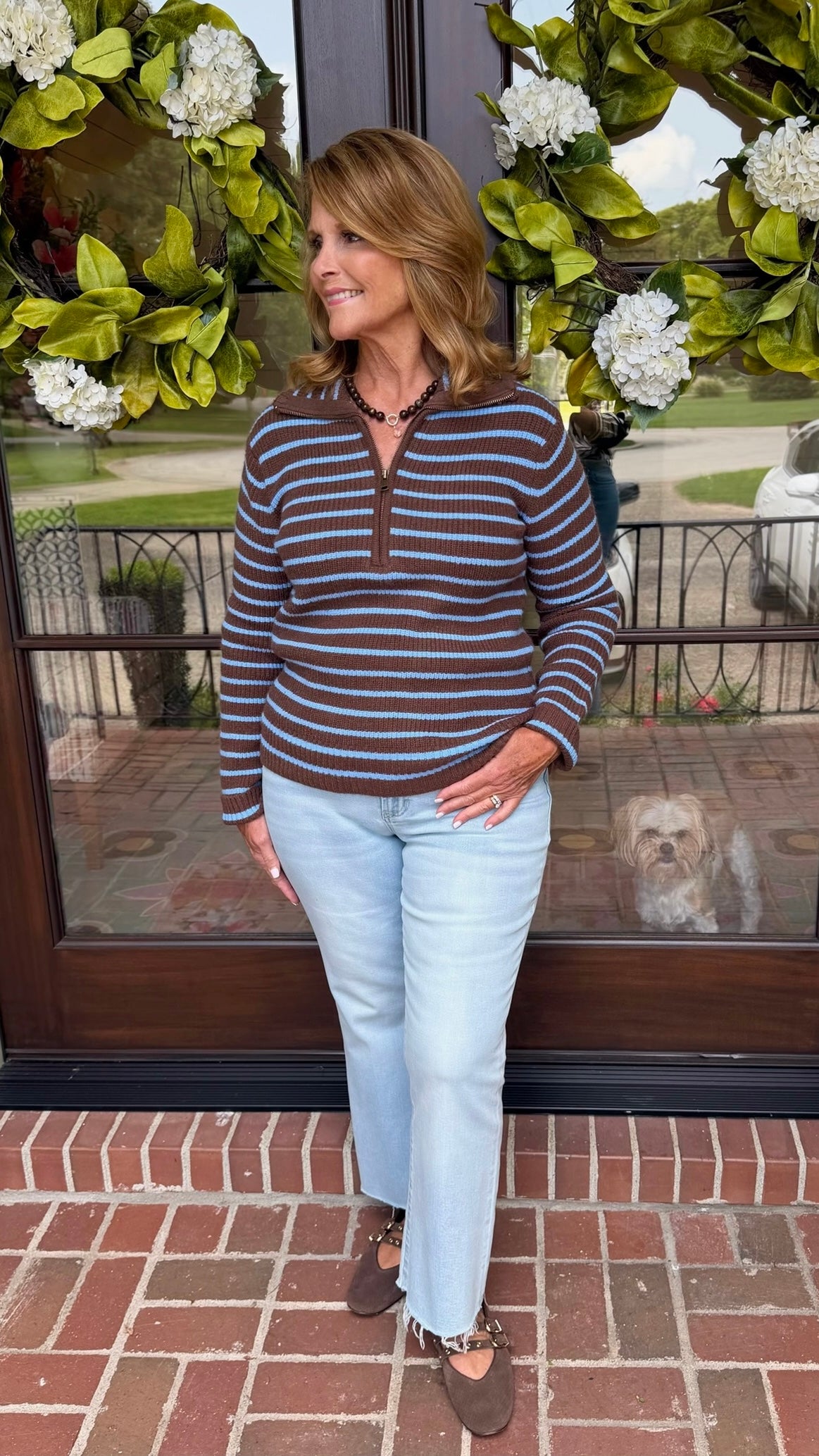 Jenavive Stripe Quarter Zip Sweater - Brown & Dusty Blue