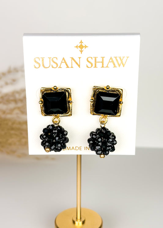 Susan Shaw Black Bead Cluster Earrings