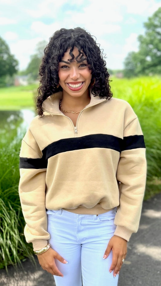 Piper Stripe Quarter Zip Sweatshirt - Taupe & Black