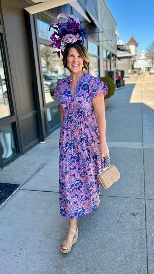 Ivy Jane Shirred Front Midi Dress - Violet Floral