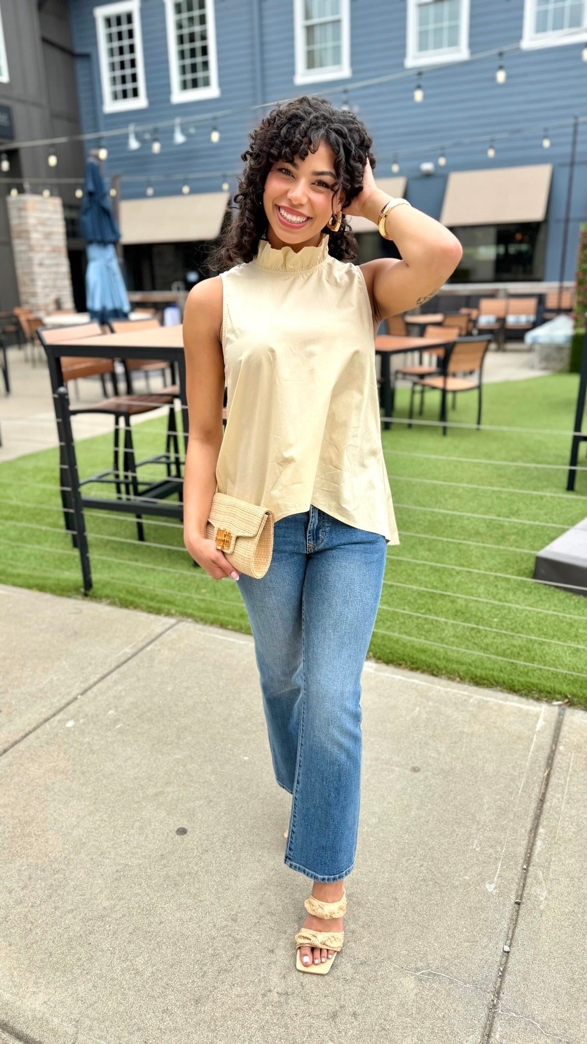 Ruffle Neck Tie Back Top - Latte