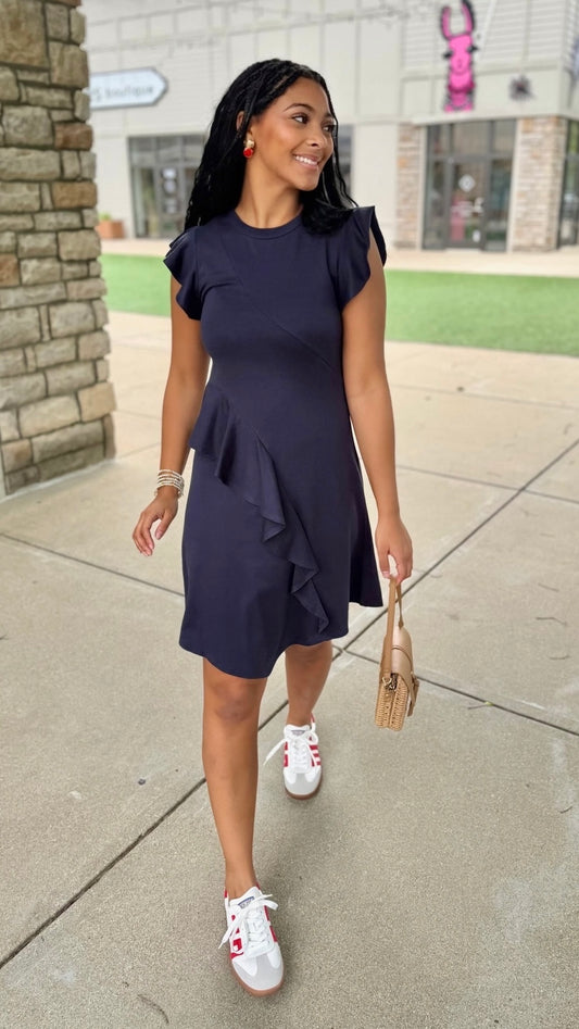 Samantha Flutter Sleeve Knit Dress - Navy