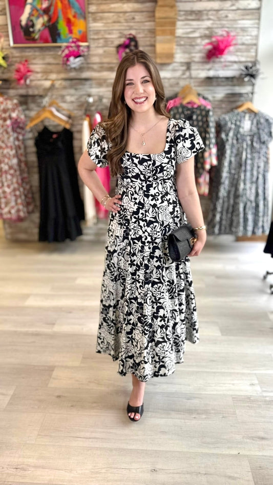 Theresa  Print Midi Dress - Black/White