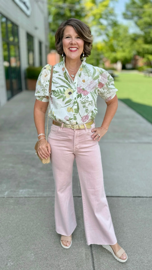 Ruffle Collar Floral Blouse - Pink