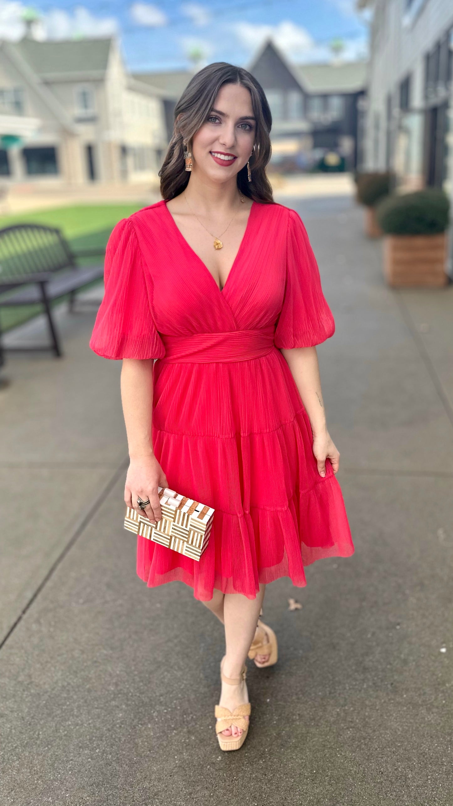 Coral Tulle Cinched Waist Dress