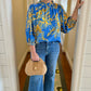 Floral Ruffle Neck Blouse - Blue