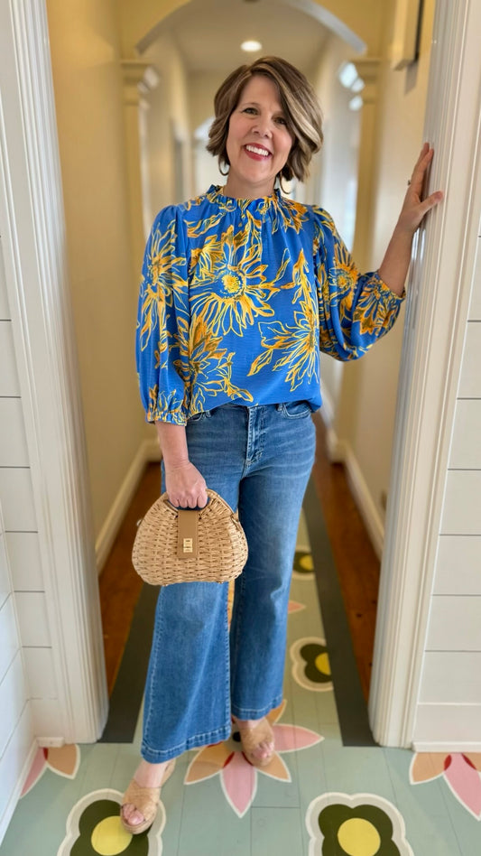 Floral Ruffle Neck Blouse - Blue