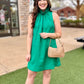 Ruffle Neck Shift Dress - Green