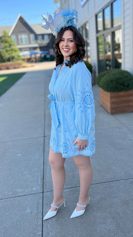 Blue Eyelet Pinstripe Shirt Dress