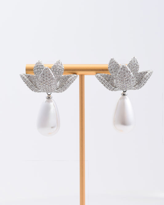 Silver Pave Crystal Floral Earrings