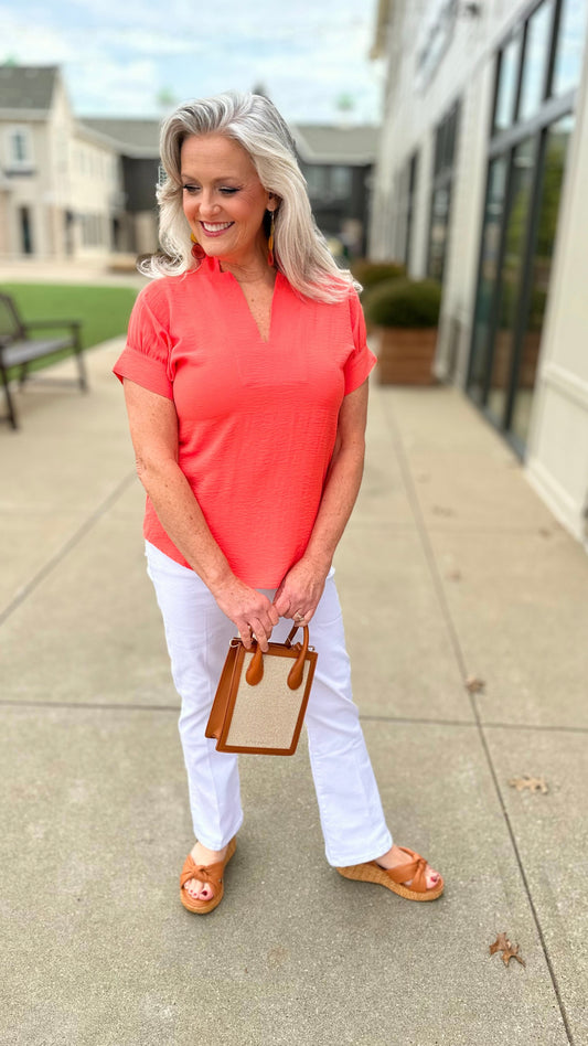 Ivy Jane V Neck Collar Tunic Blouse - Coral