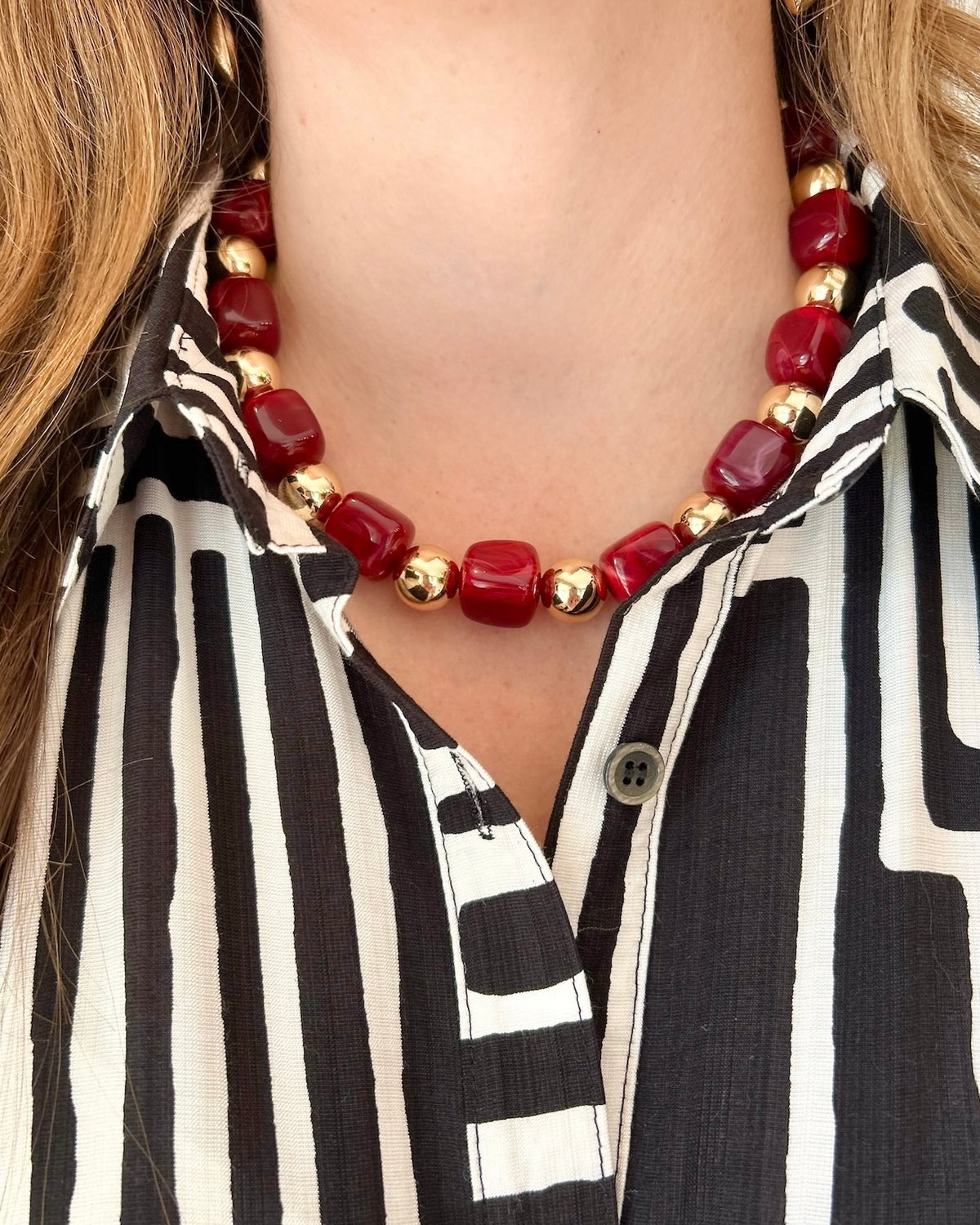 Gold & Burgundy Bead Necklace