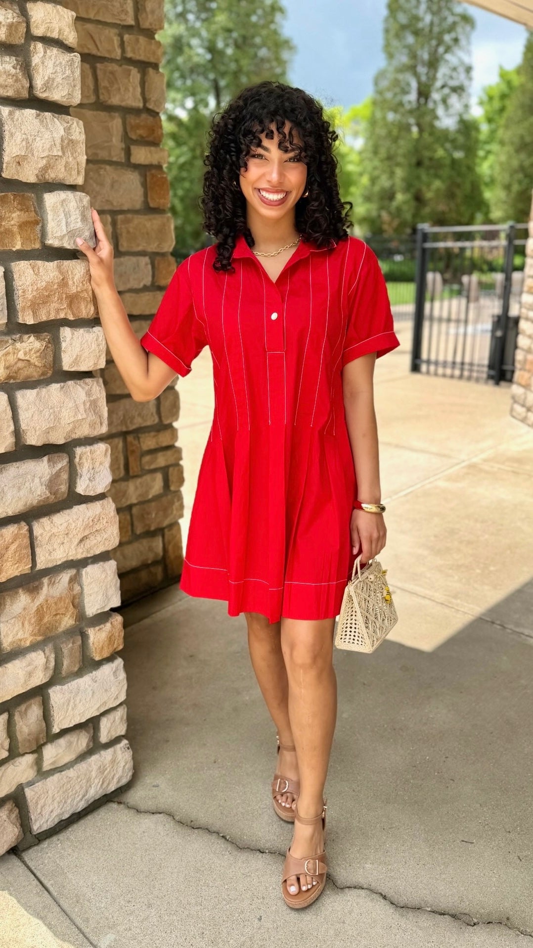 Uncle Frank Pleated Shirt Dress - Red