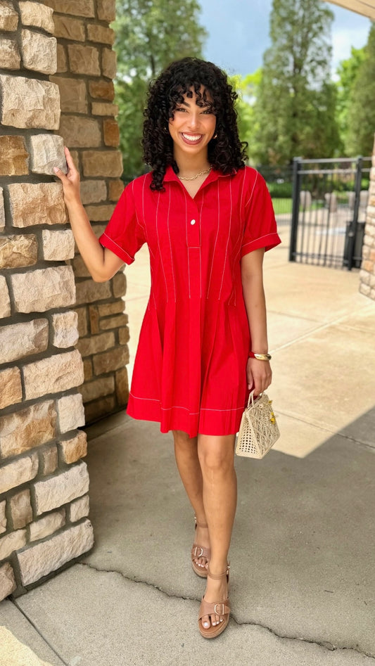 Uncle Frank Pleated Shirt Dress - Red