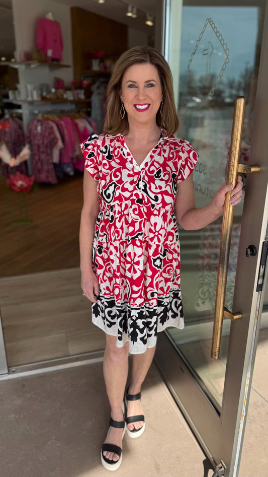 Sophia Abstract Floral Dress - Red