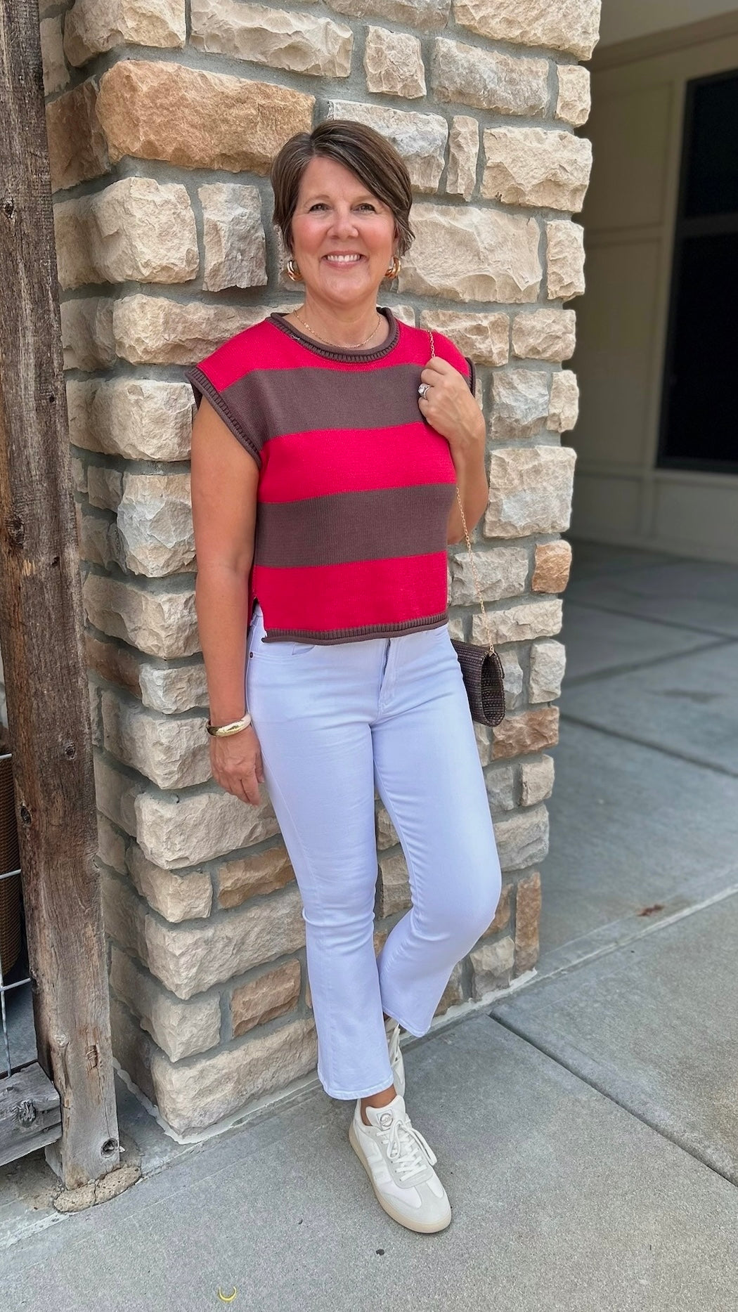 Madelyn Sleeveless Stripe Sweater - Red & Brown