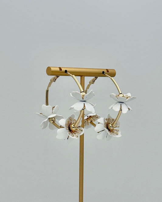 Flower Hoop Earrings - White