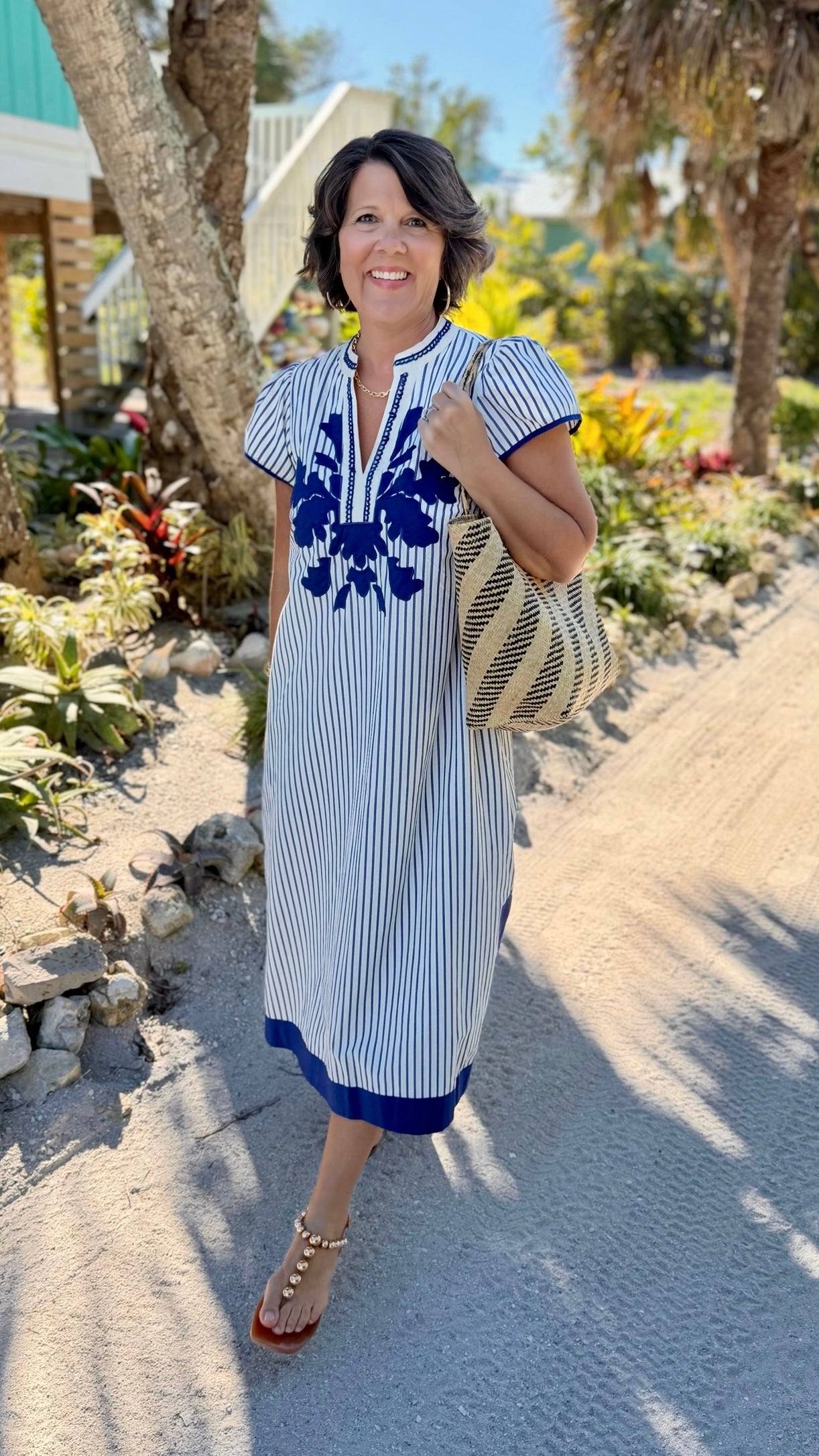 Naomi Striped Midi Dress - White & Blue