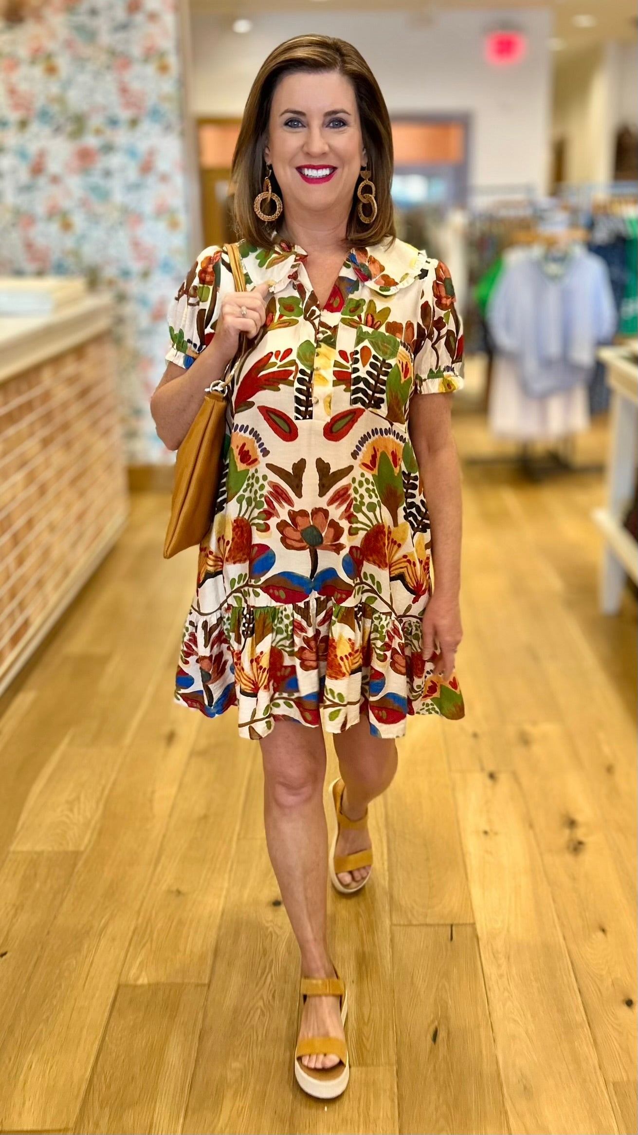 Charleston Abstract Floral Ruffle Collar Dress-Brown